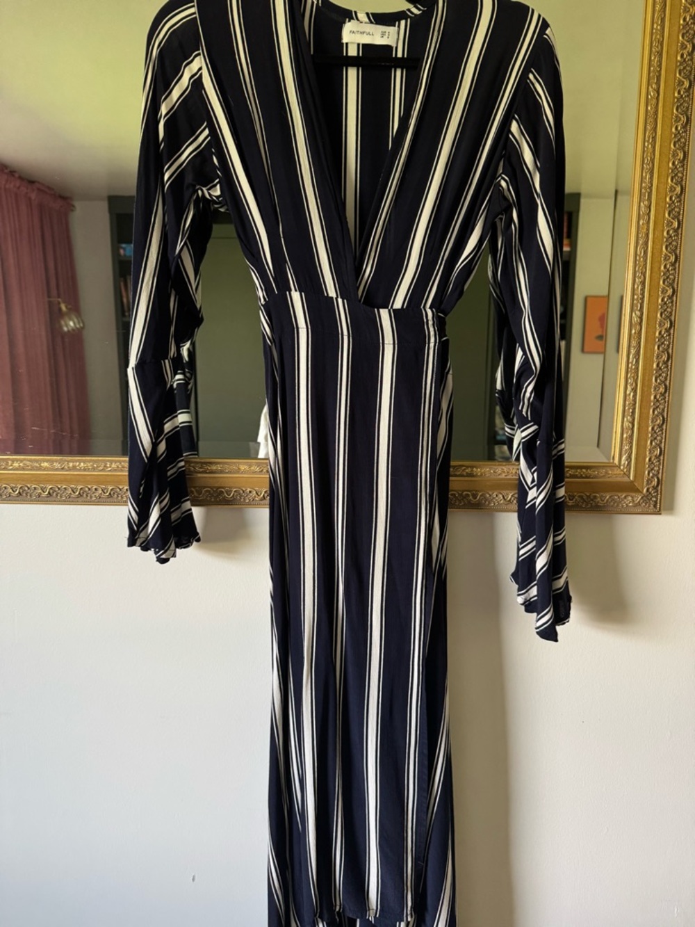 Faithfull the Brand Navy and White Striped Wrap Maxi Dress